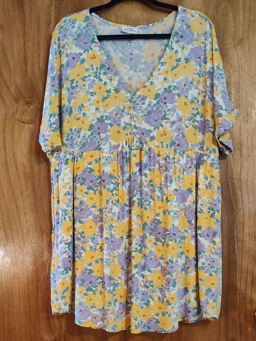 Emily Wonder Flowy Babydoll Dress Lavender Yellow V-Neck Short Sleeve Lined 1X